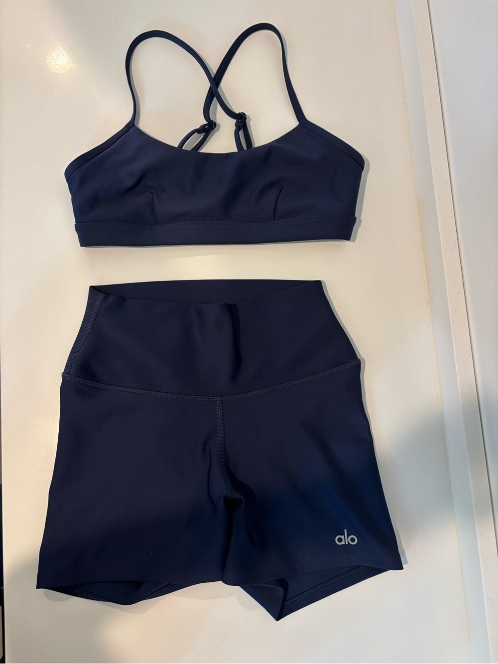 ALO Yoga Navy Strappy Sports Bra with High-Waist Bike Shorts